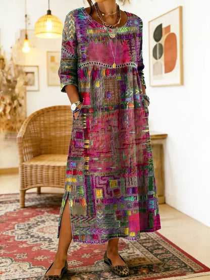 ✨ Ostatni dzień z 50% rabatem!【S-5XL】Letnia sukienka w stylu retro z okrągłym dekoltem i nadrukiem – lekka, zwiewna, wyszczuplająca i łatwa w stylizacji.