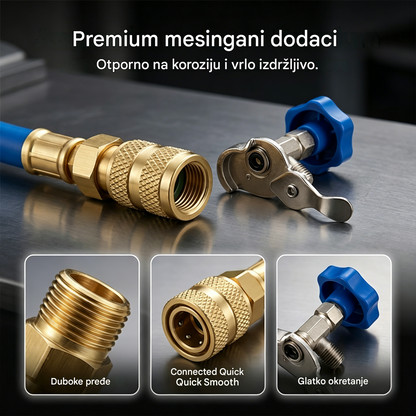 🔧❄️ Crijevo za punjenje rashladnog sredstva R134a s manometrom – Nepropusno, lako očitljivo i kompatibilno s automobilima, kamionima ili kućnim klima uređajima – Sigurno DIY punjenje 🚗