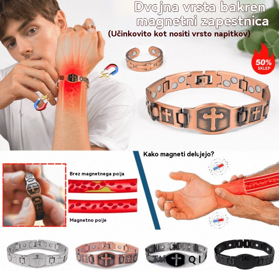 Kupite eno, dobite eno brezplačno 🎁💙 Moška bakrena zapestnica s križem, magnetna zdravilna zapestnica, s 46 vgrajenimi magneti - 99,99 % čisti baker