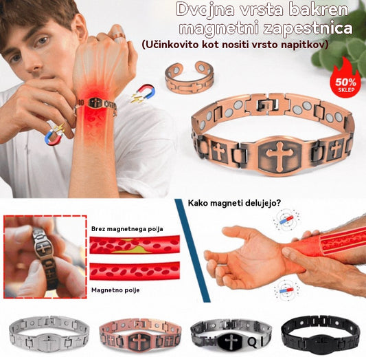 Kupite eno, dobite eno brezplačno 🎁💙 Moška bakrena zapestnica s križem, magnetna zdravilna zapestnica, s 46 vgrajenimi magneti - 99,99 % čisti baker