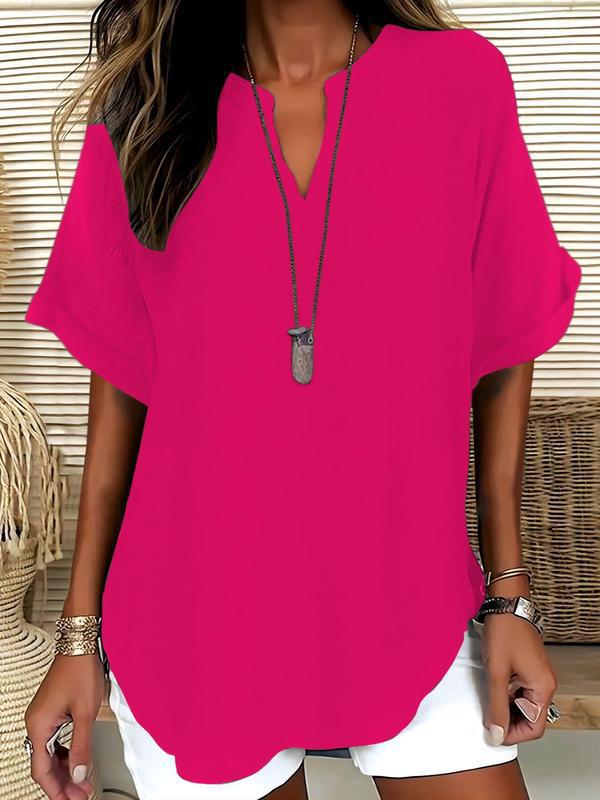 😍🔥【Nowość z 50% zniżką tylko przez 3 dni】【Rozmiary S-5XL】Elegancki jednokolorowy letni top z szyfonu z krótkim rękawem, duże rozmiary
