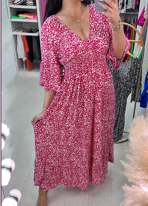 【S-5XL】Nowa sukienka plus size z kwiatowym wzorem i dekoltem w serek, 2025 3898992