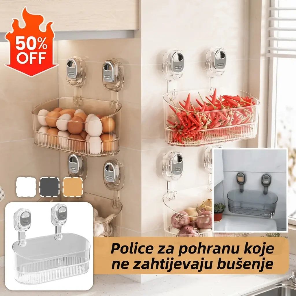 🍽️🧺🔥Posebna ponuda🔥Stalak za pohranu s vakuumskim čašicama, bez bušenja, zidni ocjeđivač posuđa, pogodan za kuhinje i kupaonice.