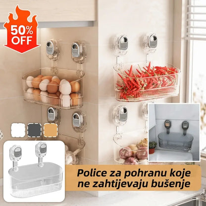 🍽️🧺🔥Posebna ponuda🔥Stalak za pohranu s vakuumskim čašicama, bez bušenja, zidni ocjeđivač posuđa, pogodan za kuhinje i kupaonice.