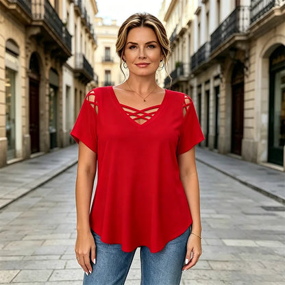 👚 Koszulka z 100% bawełny z dekoltem w kształcie litery V, krzyżowym fasonem i wycinankami, modna i oddychająca