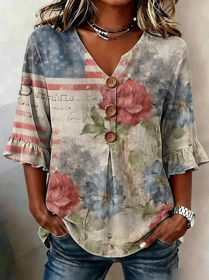👚🌹[S-5XL] Nova ženska košulja s V-izrezom i volanima — mješavina pamuka i lana s gumbima: jednostavna i elegantna.