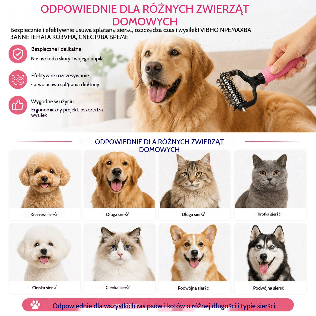 🐱🐕🐈 Wielofunkcyjny grzebień 3w1 do rozczesywania i usuwania sierści dla psów i kotów