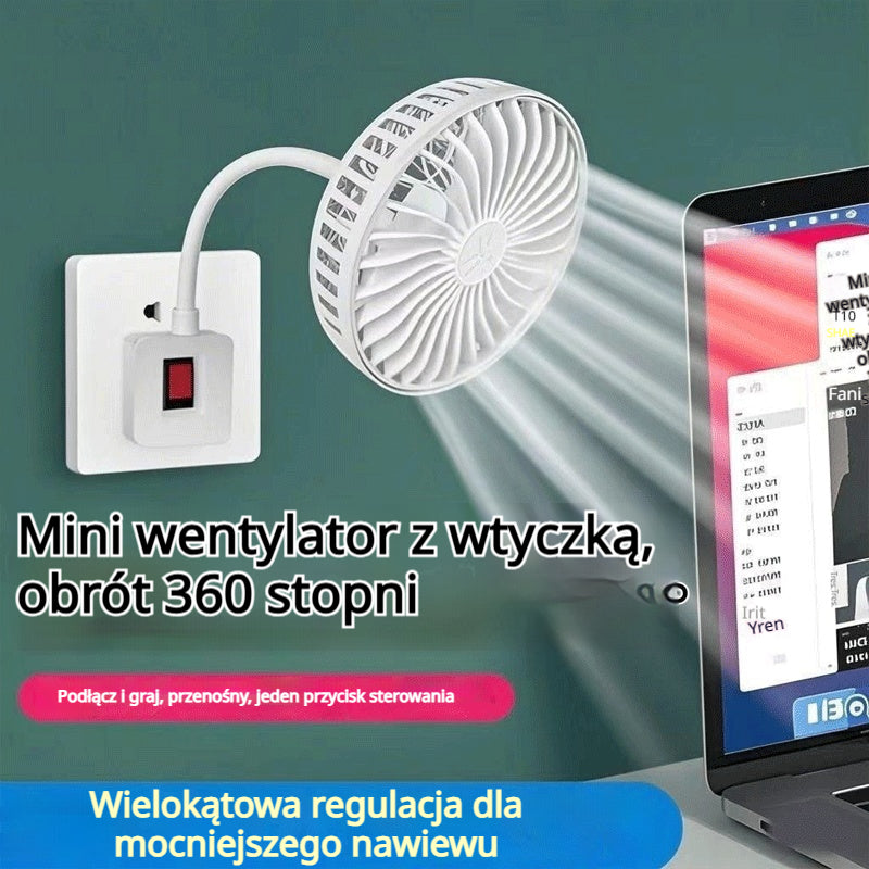 🔌💨 Mini wentylator obrotowy 360° do gniazdka – mocne chłodzenie do kuchni, łazienki, sypialni i biura