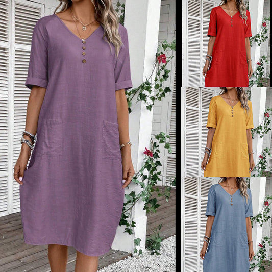 👗🌹Posebna ponuda zadnjeg dana🎁✨【S-2XL】Ženska haljina od pamuka i lana s puf rukavima i gumbima