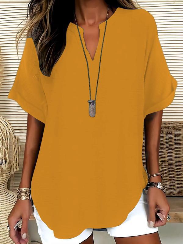 😍🔥【Nowość z 50% zniżką tylko przez 3 dni】【Rozmiary S-5XL】Elegancki jednokolorowy letni top z szyfonu z krótkim rękawem, duże rozmiary