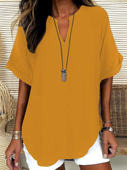 😍🔥【Nowość z 50% zniżką tylko przez 3 dni】【Rozmiary S-5XL】Elegancki jednokolorowy letni top z szyfonu z krótkim rękawem, duże rozmiary
