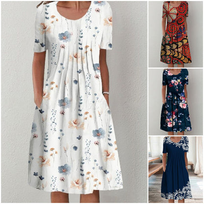 【50% zniżki】【S-5XL】🌺🌺 Modna sukienka z okrągłym dekoltem i wzorami