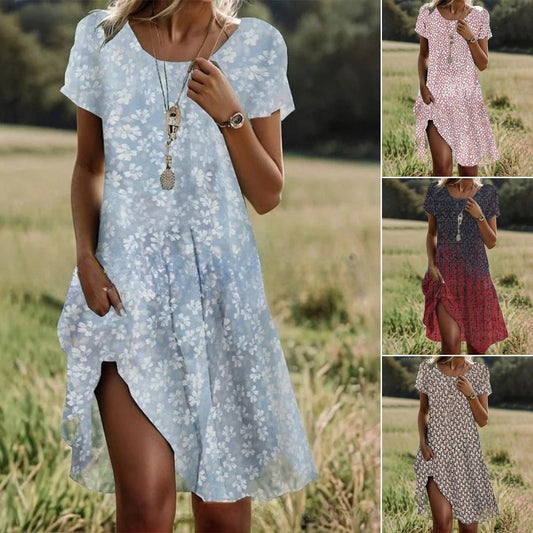 🛒💖【S-3XL】👗2025 nowa sukienka na co dzień z okrągłym dekoltem i nadrukiem na wiosnę i lato