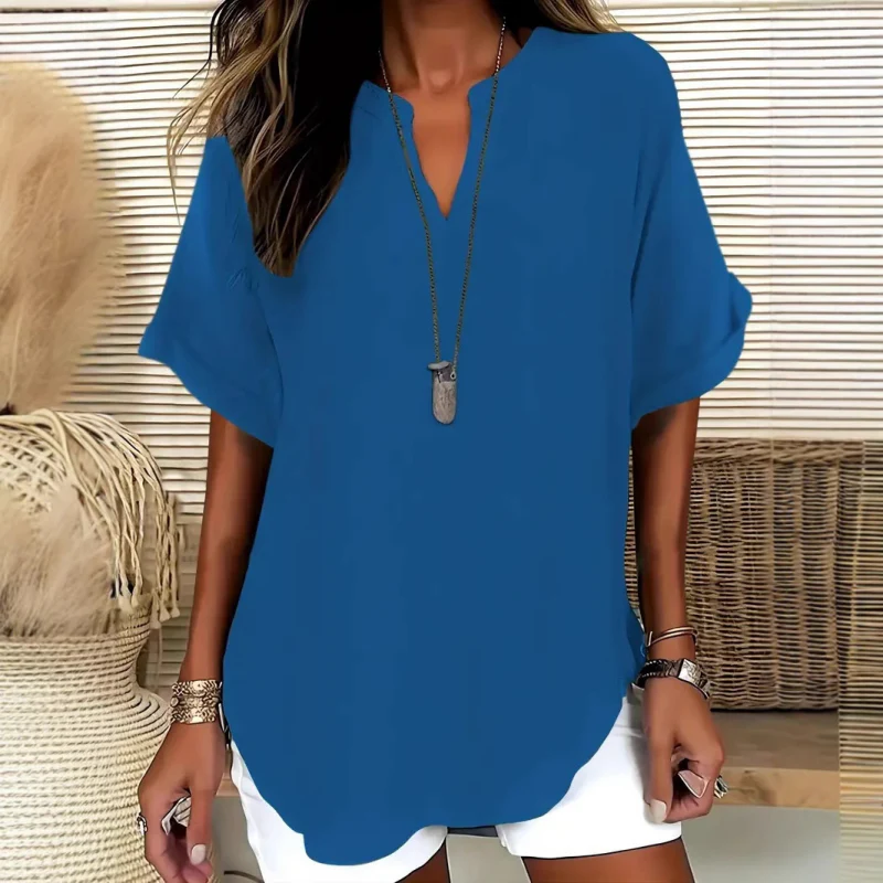 😍🔥【Nowość z 50% zniżką tylko przez 3 dni】【Rozmiary S-5XL】Elegancki jednokolorowy letni top z szyfonu z krótkim rękawem, duże rozmiary