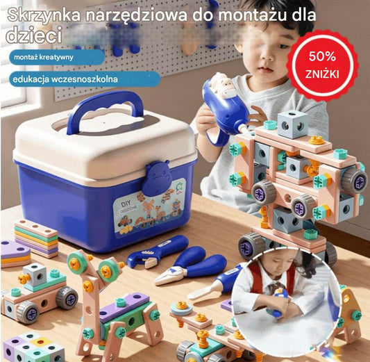 【103 części】🌈Zabawka DIY: Zabawka edukacyjna zawierająca proste klocki, zabawki, skrzynkę z narzędziami i wiertarkę.