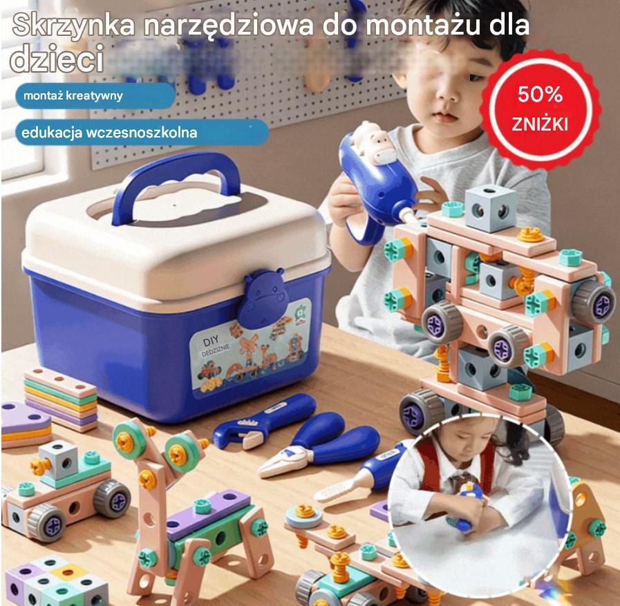 【103 części】🌈Zabawka DIY: Zabawka edukacyjna zawierająca proste klocki, zabawki, skrzynkę z narzędziami i wiertarkę.