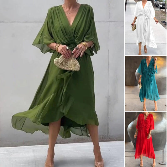 💟【S-5XL】👗 Wielokolorowa szyfonowa sukienka z nietoperzowym rękawem z koronki 3719879