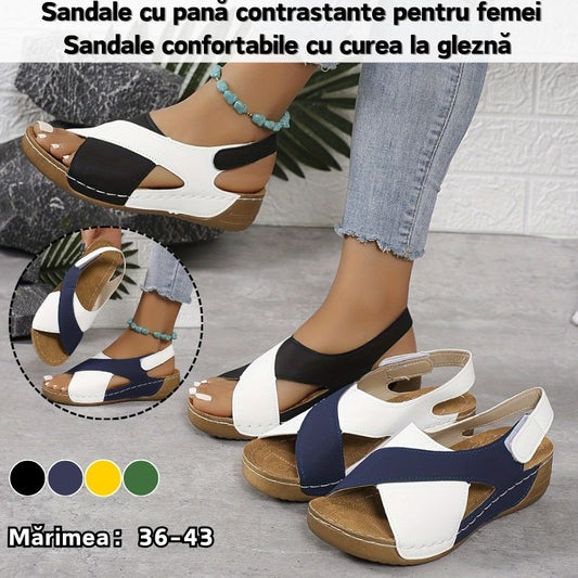 💞【36-43】Damskie sandały na koturnie w kontrastowych kolorach, wygodne z paskiem na kostce