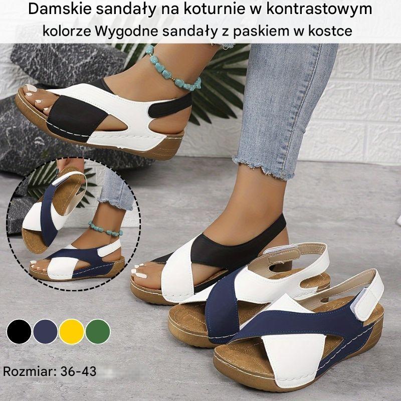💃【36-43】Damskie sandały na koturnie w kontrastowym kolorze, wygodne sandały z paskiem na kostce