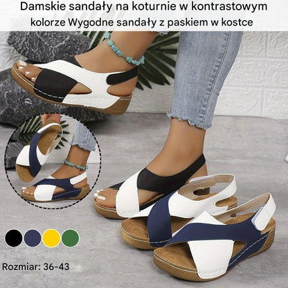💃【36-43】Damskie sandały na koturnie w kontrastowym kolorze, wygodne sandały z paskiem na kostce