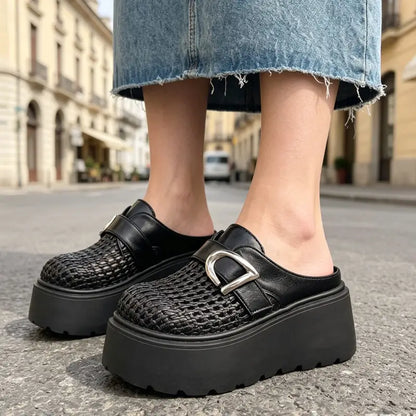 Letnie saboty na wysokiej platformie: pleciony wzór, oddychające i wygodne, styl retro‑modernistyczny, rozmiary 35‑40