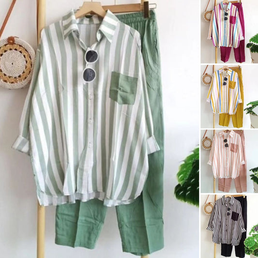 [S-5XL] 🌸 Damski, pasiasty, dwuczęściowy, swobodny garnitur na wiosnę i lato – przyjazny dla skóry, miękki i uniwersalny
