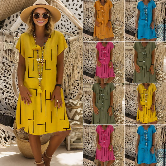 【45% OFF】🏆 👗【S-5XL】Potištěné bavlněné šaty s výstřihem do V