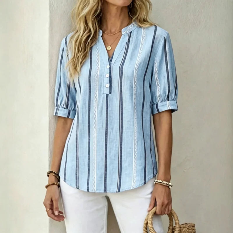 👚 【50% popusta na sezonske ponude】Ljetna prugasta bluza kratkih rukava od pamuka i lana od prozračnog materijala