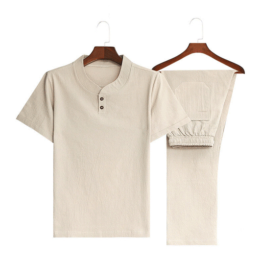 [Top + spodnie] Męski garnitur casual, swobodny i oddychający, wysokiej jakości materiał bawełniany i lniany-3689900