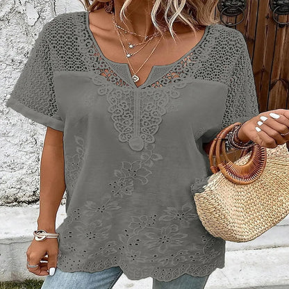 💝 Damska koronkowa koszulka z krótkim rękawem i dekoltem w kształcie litery V 2024-3649781