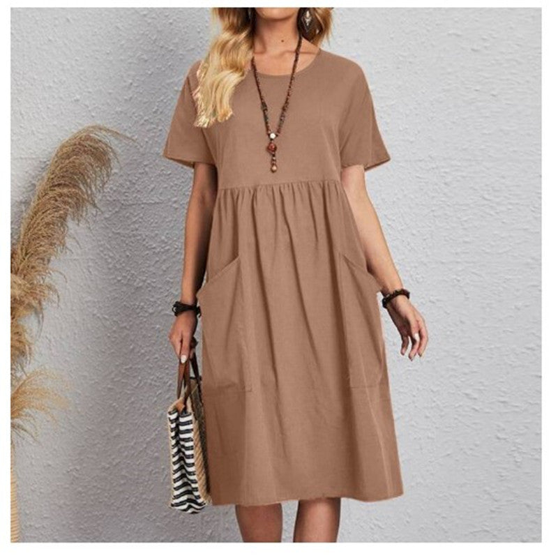 👗🎈Nowości [S~5XL] 2025 Letnia oddychająca sukienka z bawełny i lnu z krótkim rękawem i okrągłym dekoltem