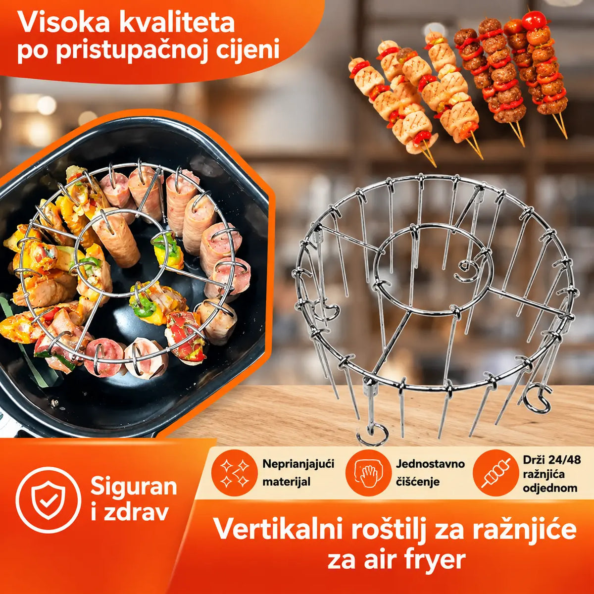🍖🍗 Rešetka za roštilj od nehrđajućeg čelika 304 za friteze na vrući zrak (uključuje 24 ražnjića)