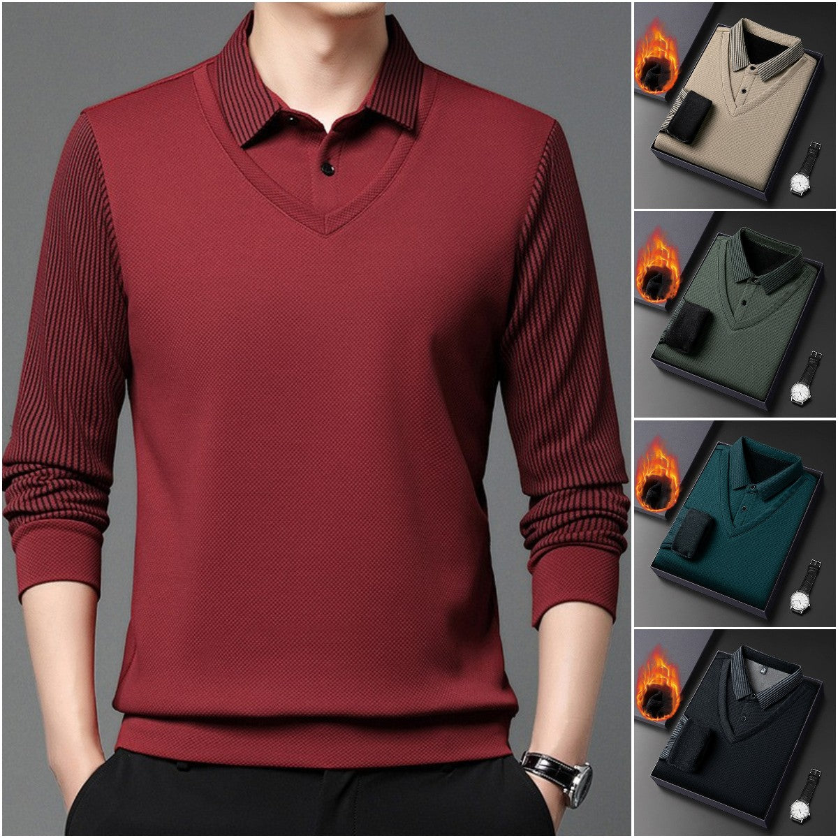 【⚡Obniżka 120 zł】【M-4XL】Dwukolorowa koszulka POLO z paskami i efektem fałszywej warstwy