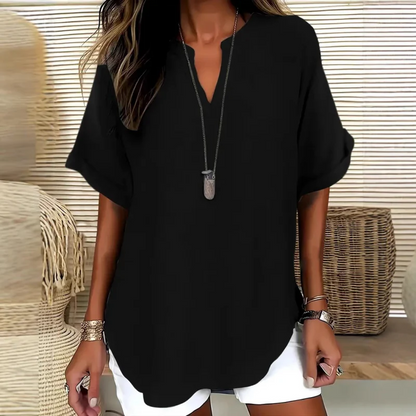 😍🔥【Nowość z 50% zniżką tylko przez 3 dni】【Rozmiary S-5XL】Elegancki jednokolorowy letni top z szyfonu z krótkim rękawem, duże rozmiary