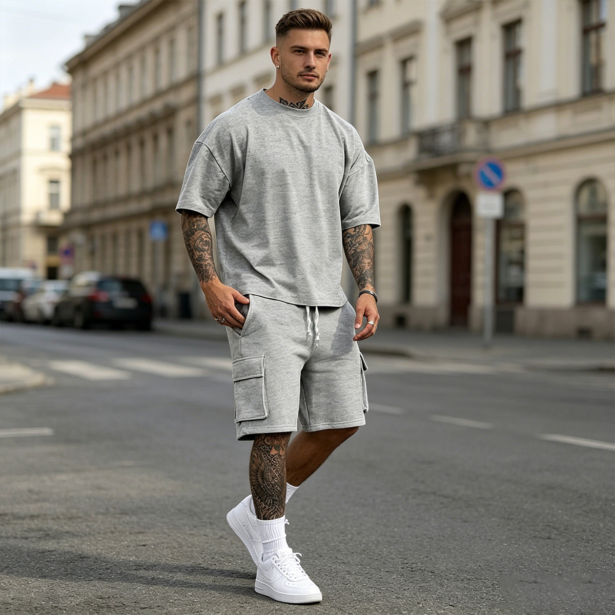 👖【Platba na dobierku】Pánska dvojdielna letná športová súprava - pohodlné tričko s krátkym rukávom a šortky na každodenné nosenie aj doma