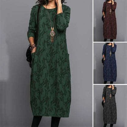 ✨【S-3XL】2025 Nova ženska haljina s printom, okrugli izrez, dugi rukavi, čisti pamuk, mekana i udobna