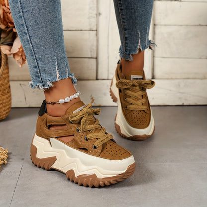 🔥【Bestseller】【35-40】Damskie sandały na koturnie z wycięciem, oddychające sznurowane buty outdoorowe, codzienne sandały na platformie