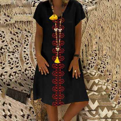 👗【S-5XL】Bawełniana sukienka z nadrukiem i dekoltem w kształcie litery V 3686285