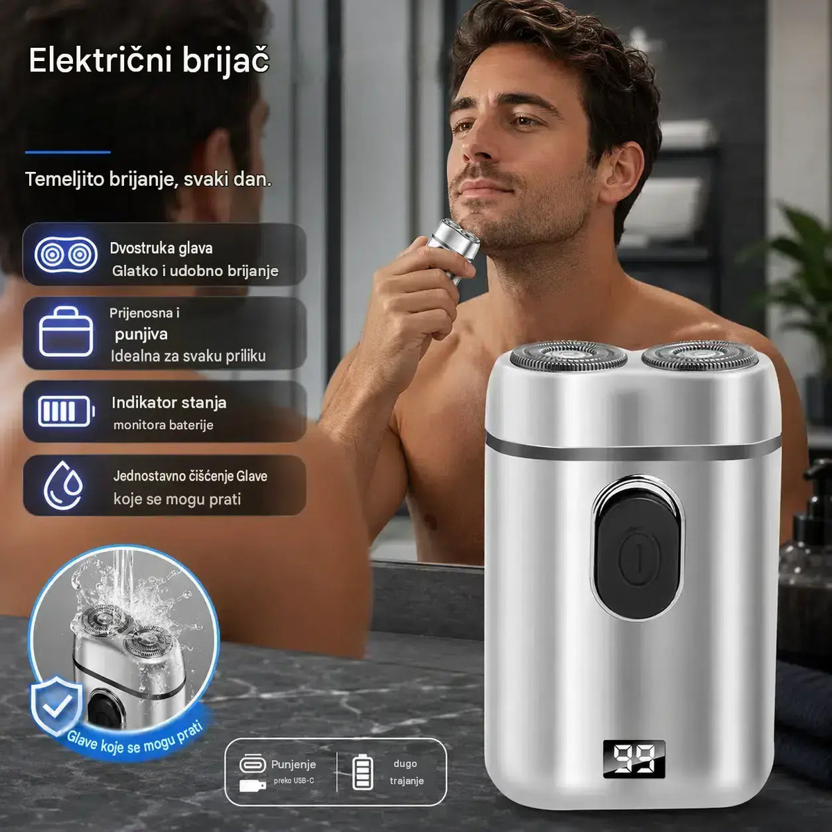 🧡【Zadnji dan, pola cijene】Mini prijenosni električni brijač s magnetskim vodootpornim dvostrukim oštricama