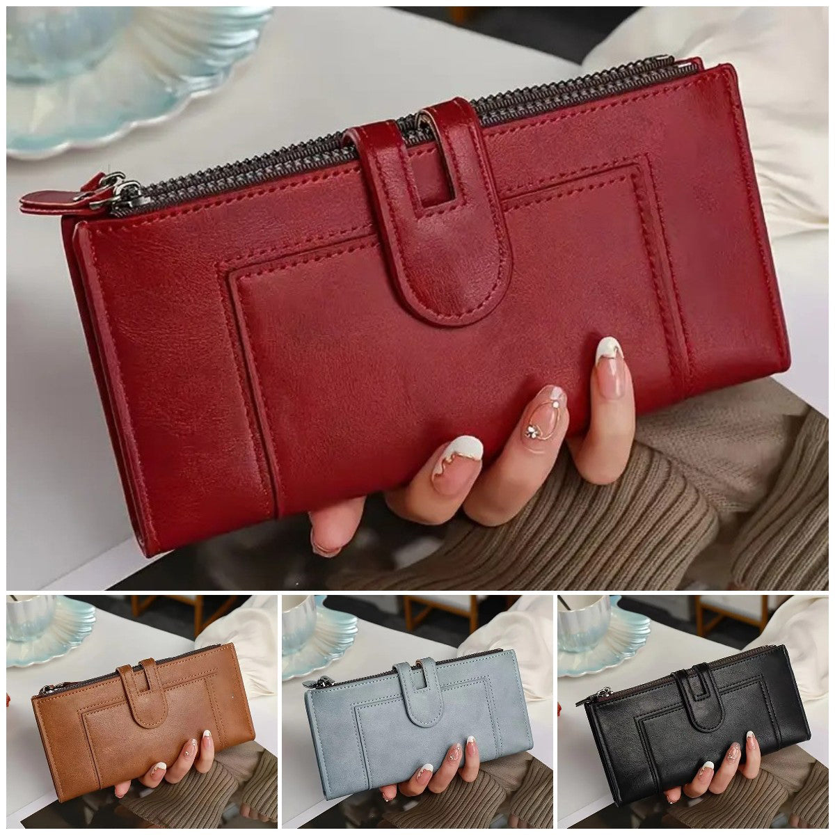 ✨👜 Damski portfel z prawdziwej skóry w stylu vintage, zapinany na podwójny zamek i z wieloma przegródkami na karty 3845321