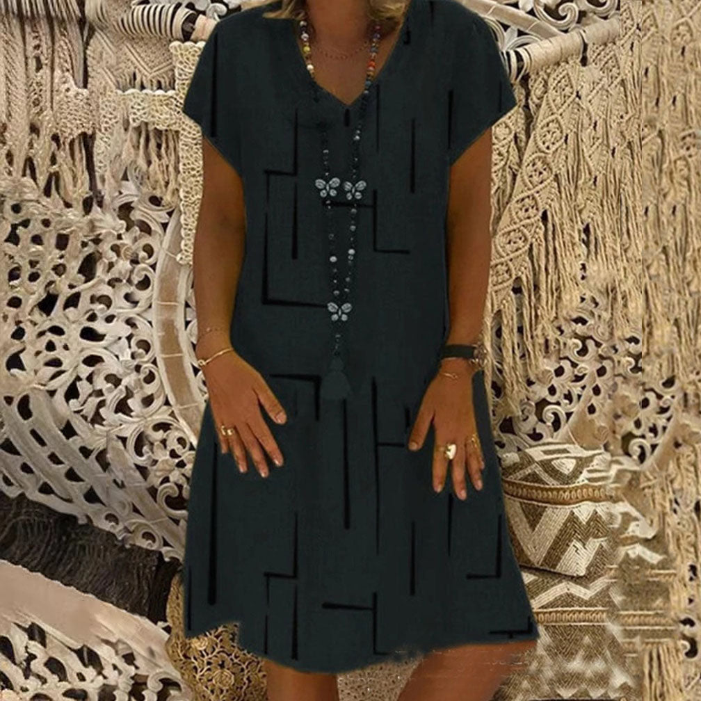 🥻🌲【S-5XL】Nowa sukienka z nadrukiem z dekoltem w serek, wykonana z bawełny i lnu: przyjazna dla skóry i miękka