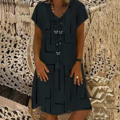 🥻🌲【S-5XL】Nowa sukienka z nadrukiem z dekoltem w serek, wykonana z bawełny i lnu: przyjazna dla skóry i miękka