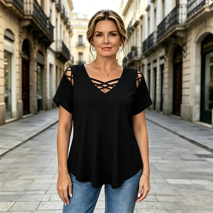 👚 Koszulka z 100% bawełny z dekoltem w kształcie litery V, krzyżowym fasonem i wycinankami, modna i oddychająca