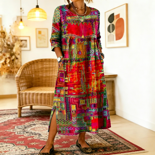 ✨ Ostatni dzień z 50% rabatem!【S-5XL】Letnia sukienka w stylu retro z okrągłym dekoltem i nadrukiem – lekka, zwiewna, wyszczuplająca i łatwa w stylizacji.