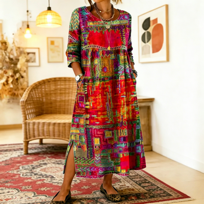 ✨ Ostatni dzień z 50% rabatem!【S-5XL】Letnia sukienka w stylu retro z okrągłym dekoltem i nadrukiem – lekka, zwiewna, wyszczuplająca i łatwa w stylizacji.