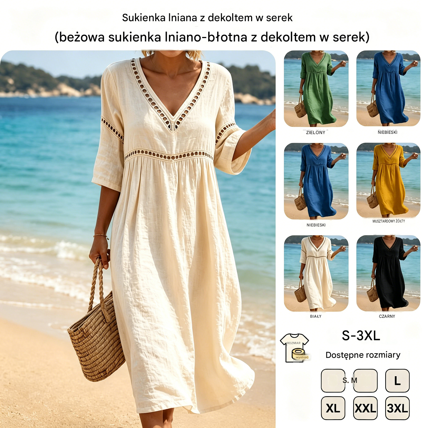👗【S-3XL】Letnia modna sukienka z bawełny i lnu z dekoltem w serek, przewiewna, wygodna i niekrępująca ruchów