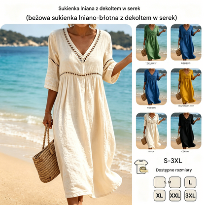 👗【S-3XL】Letnia modna sukienka z bawełny i lnu z dekoltem w serek, przewiewna, wygodna i niekrępująca ruchów