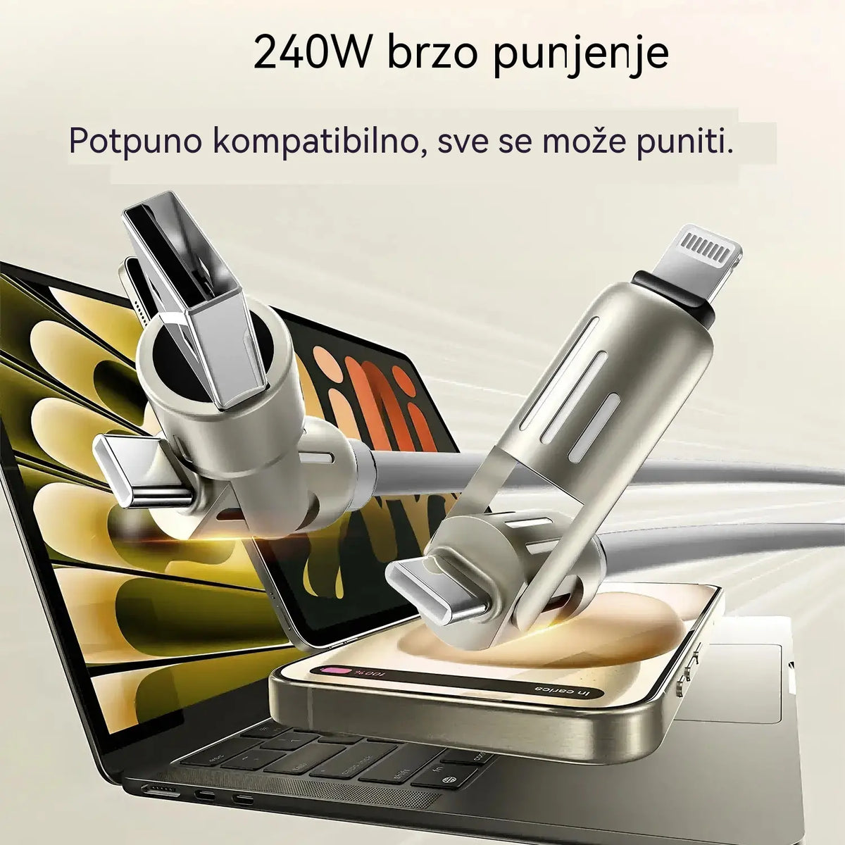 🔥 (duljine 2 metra) 4-u-1 PD 240W kabel – USB-C, Lightning i USB-A brzo punjenje, aluminij i silikon, sinkronizacija podataka ⚡📱