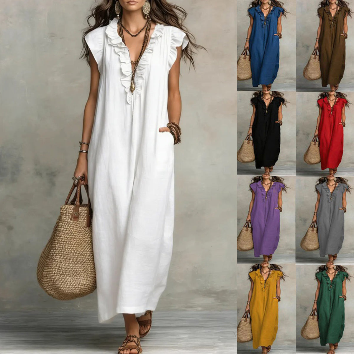 👗🎁💖【S-3XL】Ženska haljina od pamuka i lana s puf rukavima i gumbima