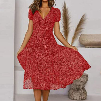 💖💃【50% zniżki 🔥】【S–3XL】Letnia damska sukienka w dużych rozmiarach z dekoltem w serek i krótkim rękawem, w kwiatowe kropki
